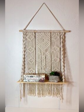 Handmade Cream Macramé Wall Hanging Shelf